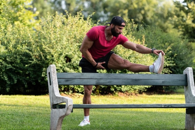 A runner stretching their leg muscles against a park bench after a run, highlighting the importance of cool-down exercises in Running for Weight Loss: The Ultimate Beginner's Guide for preventing injuries.