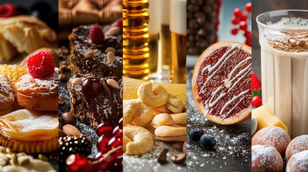 A split image contrasting refined carbohydrates (white bread, pastries, sugary drinks) on one side and complex carbohydrates (whole grains, fruits, vegetables) on the other. This visually differentiates between healthy and less healthy carb sources, clarifying The Truth About Carbs: Are They Really the Enemy?.