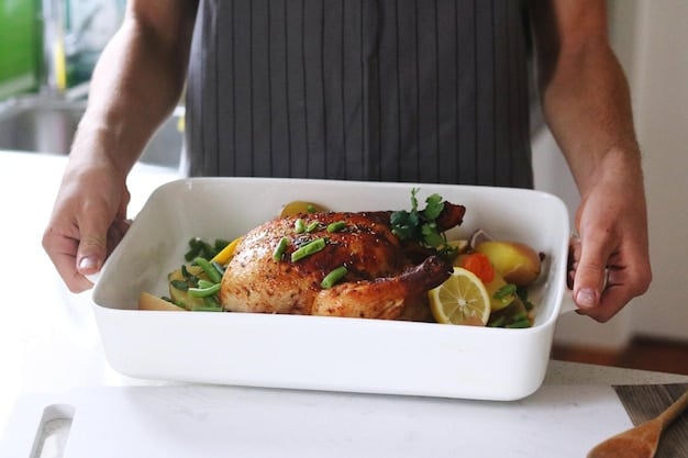 A close-up shot of a person carefully portioning cooked food into meal prep containers. The containers are labeled with the date and meal type. The scene emphasizes organization and attention to detail in the meal prepping process.