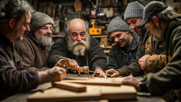 A group of men of varying ages and backgrounds working together on a woodworking project in a well-lit workshop. They are smiling and appear engaged in the task, highlighting the camaraderie and shared activity, relevant to 