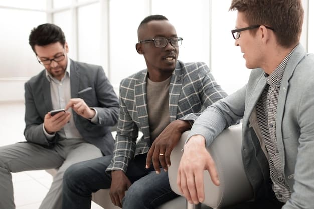 A close-up shot of a diverse group of men engaged in a supportive discussion, emphasizing connection and shared experiences in addressing post-pandemic anxiety.