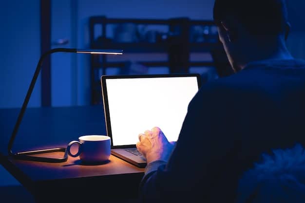 A man sitting at a desk late at night, with a computer screen illuminating his face, showing the stress and exhaustion from overwork. There are piles of paperwork on the desk and a half-empty coffee cup, illustrating work-related stress and sleep deprivation impacting mental health. The image is focus on The Link Between Sleep Deprivation and Male Depression: A 7-Day Action Plan.