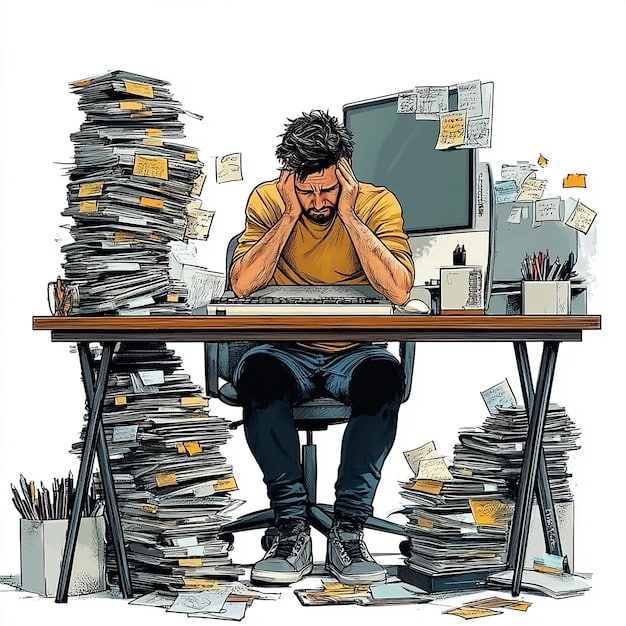 A man sitting at his desk, looking overwhelmed and surrounded by piles of paperwork. He has his head in his hands, conveying a sense of despair and exhaustion. The lighting is dim, highlighting the intensity of his stress. Represents visual elements of 'Recognizing Burnout: A Guide for Men to Identify and Address Workplace Stress'.