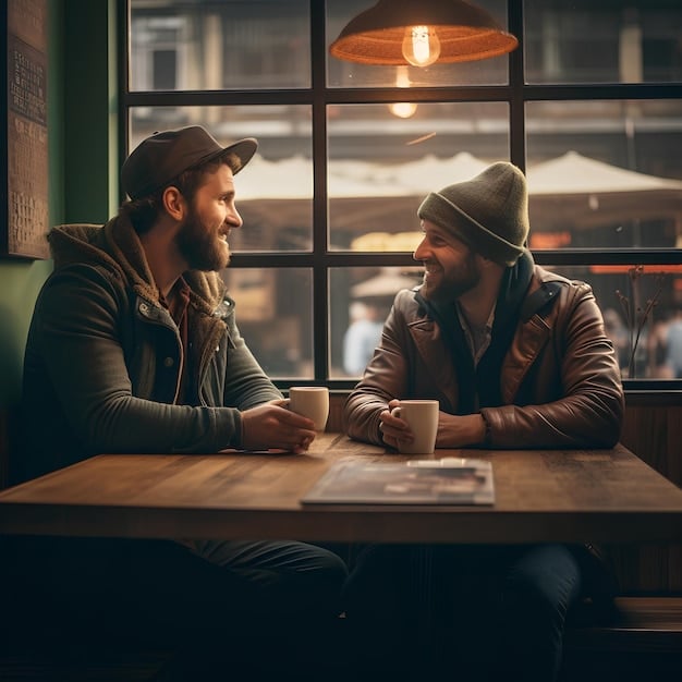 Two men having a deep conversation over coffee in a cafe. One man is listening intently while the other speaks, conveying a sense of trust and emotional support. This image illustrates a moment of connection, representing the significance of male friendships in providing comfort and understanding, related to the topic of The Power of Male Friendships: Why They're Crucial for Mental Health.