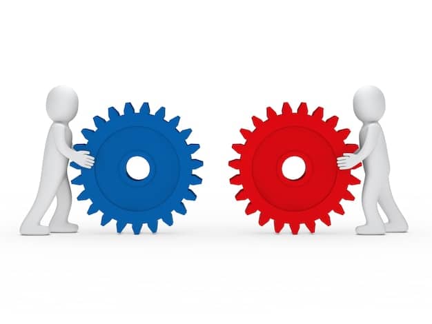 An illustration showing two interconnected gears, one labeled 