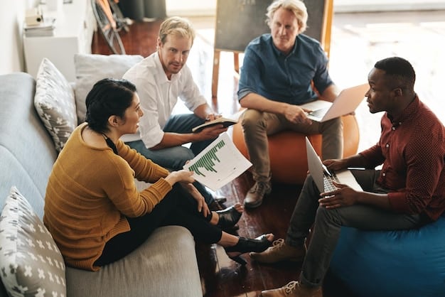 A support group setting with men sitting in a circle, sharing their experiences. The atmosphere is one of empathy, understanding, and solidarity, highlighting the importance of peer support in Understanding PTSD in Men: Symptoms, Treatment, and Recovery.