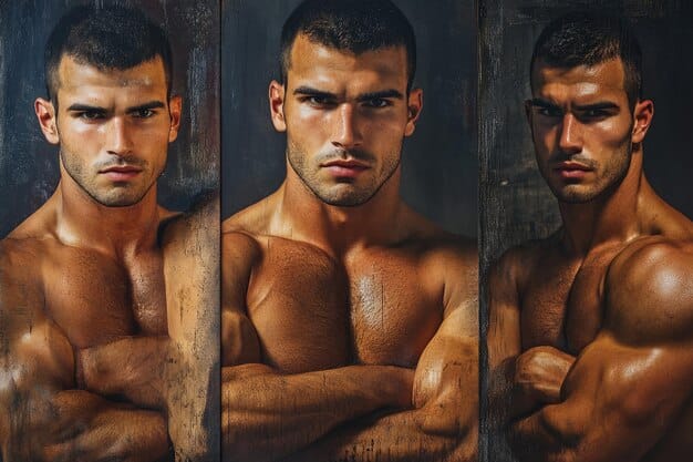 A split-screen image; on one side, several photos of a muscular man posing are visible. On the other side, there's a dejected-looking man looking at his phone. The image highlights The Impact of Social Media on Male Body Image and Mental Health.