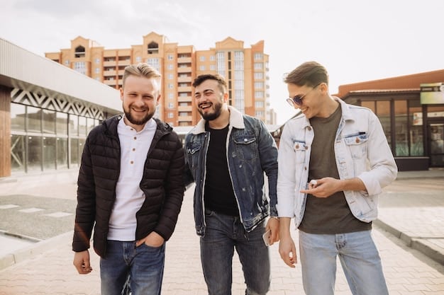 Three male friends laughing and supporting each other, set against a modern urban background. The image emphasizes camaraderie, emotional support, and the importance of social connections for men's mental health and resilience, relevant to Building Resilience: 5 Mental Toughness Strategies for Men in 2025.