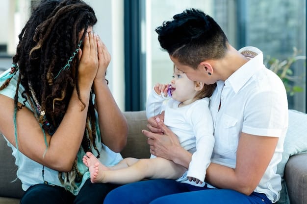 A father looking stressed and overwhelmed while holding a crying baby, while the mother looks on with concern. The setting is a cluttered living room. The image represents the challenges and emotional toll of new parenthood, underscoring the need for support and understanding for fathers experiencing postpartum depression. The Updated Guide to Managing Male Postpartum Depression: Symptoms, Support, and Treatment Options Available in the US.