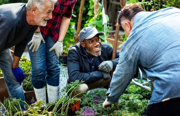 Men from different backgrounds working together on a community garden, showing unity and collaboration. The garden is lush and filled with vegetables, representing growth and shared effort 'Combatting Loneliness and Isolation: Practical Strategies for Improving Social Connections for Men in the US'. Emphasis on natural light and expressions of teamwork and accomplishment.