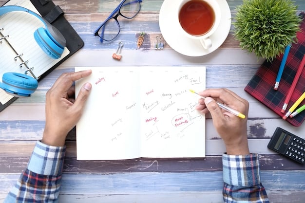 A man using a day planner, meticulously organizing his schedule with colorful pens. The scene is set in a bright, modern office with a minimalist aesthetic, emphasizing the focus on planning and efficiency.