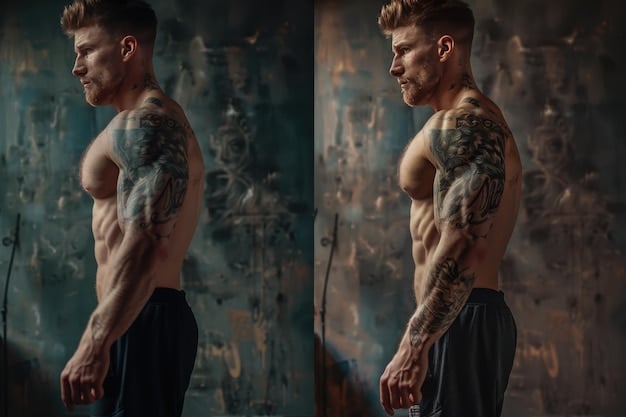 A split-screen image. On one side, a heavily filtered and photoshopped picture of a muscular man on social media. On the other, an average man looking at the image with a concerned expression, symbolizing comparisons driven by social media and body image issues, relevant to Recognizing and Addressing Male Body Image Issues: A Guide to Building Self-Esteem and Confidence.