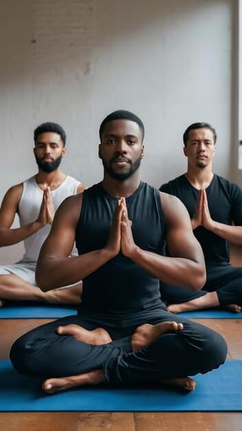 A diverse group of men are participating in a yoga class together. They are all smiling and appear relaxed, emphasizing mindfulness and its positive impact on body image and self-esteem, relevant to Recognizing and Addressing Male Body Image Issues: A Guide to Building Self-Esteem and Confidence.