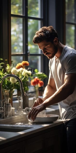 A close-up of a man mindfully washing dishes, with a focus on the sensation of the water and the task at hand, illustrating how mindfulness can be incorporated into daily activities.