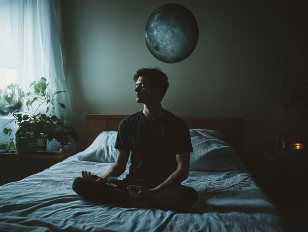 A man meditating in a dimly lit room before bedtime, focusing on mindfulness and relaxation techniques for better sleep, emphasizing The Connection Between Sleep Deprivation and Mental Health in Men: Tips for Improving Sleep Quality.