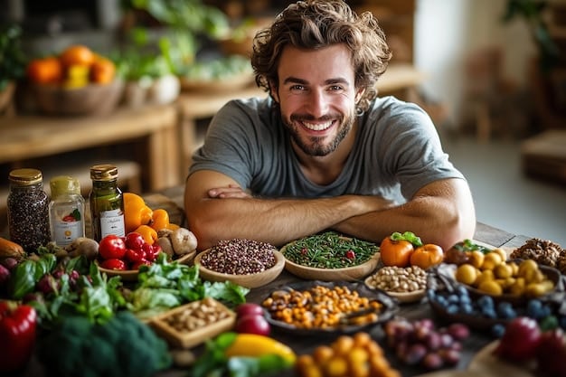 A man enjoying a nutritious meal consisting of lean protein, vegetables, and whole grains, emphasizing the importance of a balanced diet for improving sleep quality and The Connection Between Sleep Deprivation and Mental Health in Men: Tips for Improving Sleep Quality.