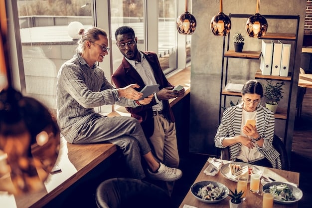 A group of diverse men engaging in a lively conversation in a coffee shop, away from their phones, emphasizing real-life connections and the importance of unplugging for mental wellness. The scene is bright and inviting, promoting a message of community and genuine interaction as a strategy for healthy online engagement and mitigating 