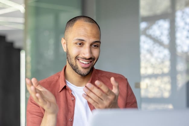 A man smiling while participating in a virtual support group meeting on his laptop, showcasing the positive use of social media for mental health support and community building. The setting is warm and inviting, demonstrating a safe and inclusive space. A caption reads: 