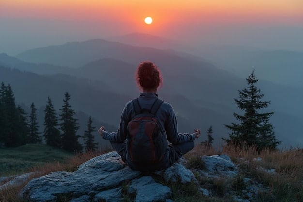 A solitary man is hiking in a mountain at sunset, meditating on a yoga position. The image should highlight the concept of finding self-care in nature and physical activity, demonstrating the connection to 'The Importance of Self-Care for Men: Practical Tips for Prioritizing Your Mental Health'.