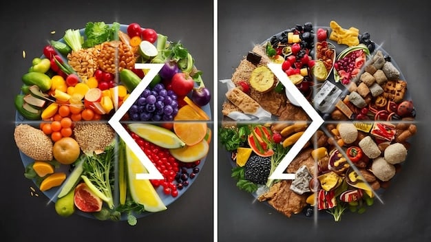 A split image comparing a plate of healthy, whole foods (vegetables, fruits, lean protein) on one side, and a display of processed foods and sugary snacks (fast food, candy, soda) on the other. This visually emphasizes the contrast in The Role of Nutrition in Supporting Men's Mental Health: Foods to Boost Mood and Reduce Stress, showcasing healthy vs. unhealthy food choices.