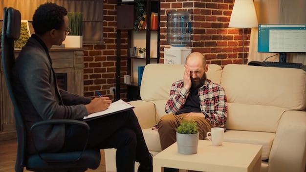 A man is sitting in a therapist's office, engaged in a conversation with the therapist. The setting is calm and supportive, with soft lighting and comfortable furniture. The image represents seeking professional help and Building Resilience through therapy.