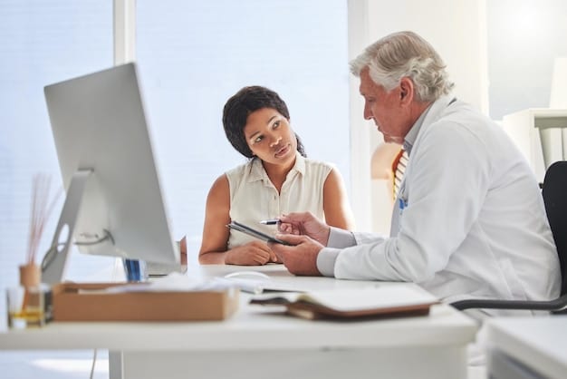 A smiling doctor sitting at a desk in their office, talking to a male patient. A prescription pad is on the desk. The focus is on the doctor's empathetic expression and the patient's engaged posture. This relates to how to obtain the new treatments after decoding the latest FDA approvals for premature ejaculation treatments.