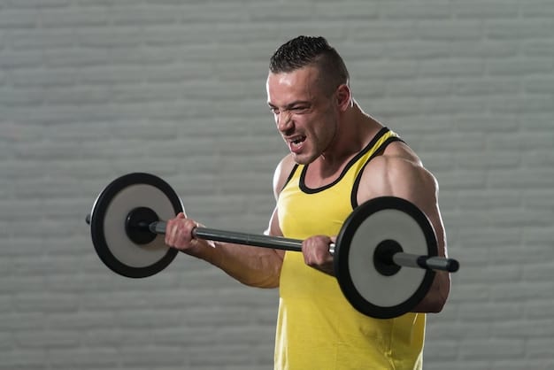 A person lifting weights in a gym, focusing on bicep curls. The background shows other gym equipment and people working out, emphasizing the strength training aspect of exercise and its benefits for 'The Role of Exercise in Improving Sexual Function: A Practical Guide'.