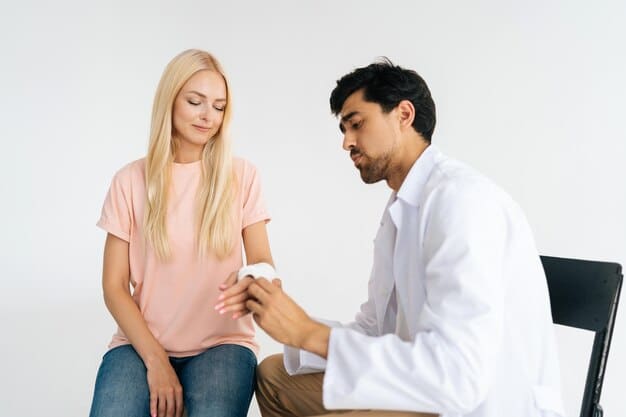 A doctor explaining male reproductive health with a model to a young couple in a clinic. The scene is brightly lit, illustrating a consultation process. They are discussing Debunking Common Myths About Male Fertility: What You Need to Know.