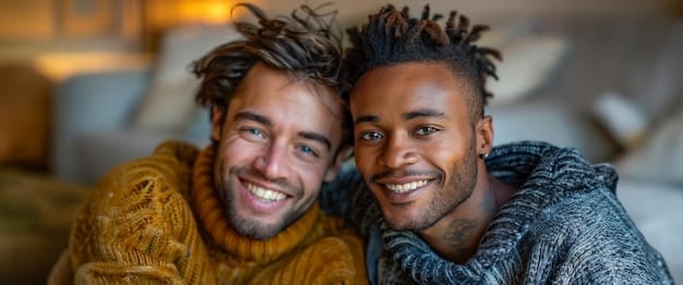 A diverse same-sex couple (one man black, another man white) smiling and laughing warmly at each other during a conversation, illustrating intimacy and openness. They are sitting in a well-lit room with neutral decor.