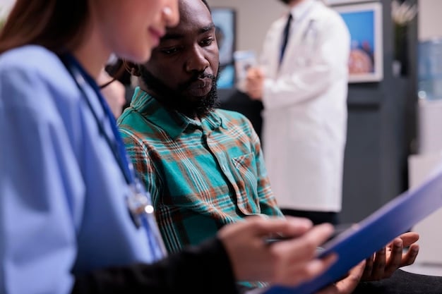 A close-up shot of a healthcare provider explaining STI testing options to a patient in a well-lit clinic room. The provider is holding a brochure detailing various STI tests and prevention methods, conveying information about How the Updated CDC Guidelines on STIs in 2025 Impact Your Sexual Health Choices.