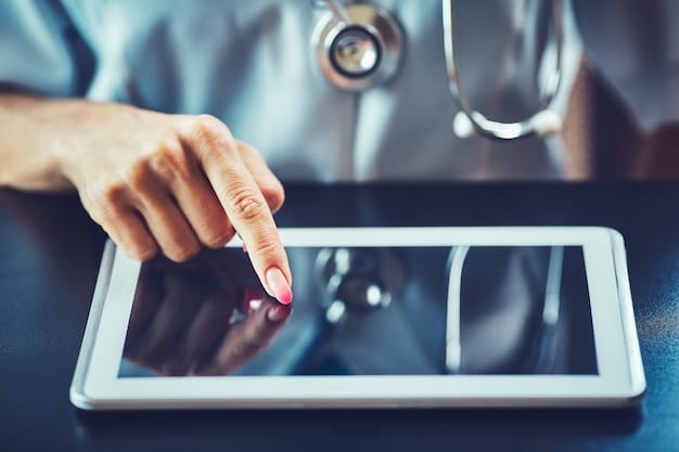 A close-up of a tablet screen showing a secure telemedicine platform interface with a doctor's video feed and options for prescription requests.