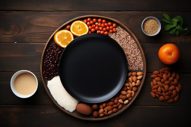 A plate showcasing foods rich in L-arginine, omega-3 fatty acids, and antioxidants, such as nuts, seeds, fish, and colorful fruits and vegetables. The arrangement emphasizes the variety and health benefits.