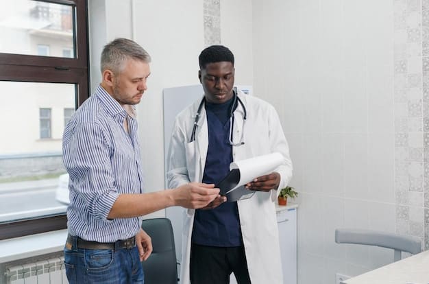 A professional medical setting with a doctor explaining treatment options to a male patient. The focus is on a tablet and a syringe, representing different medical approaches to erectile dysfunction. The expressions are thoughtful and hopeful.