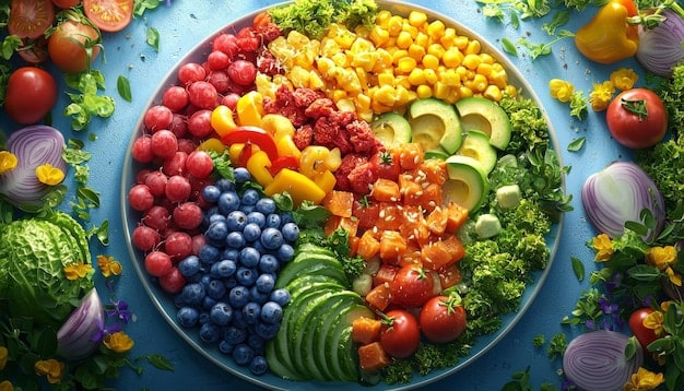 A vibrant image showing a plate of colorful, healthy foods such as fruits and vegetables, next to a pair of running shoes and a yoga mat. It symbolizes the combination of diet, exercise, and stress-reduction for improving health, potentially aiding in ED recovery.