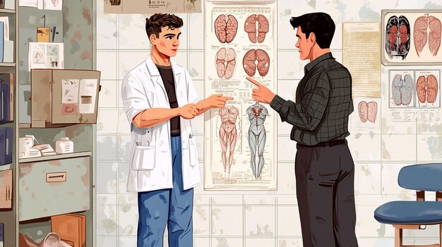 A medical professional explaining treatment options to a male patient, using anatomical diagrams. The scene is set in a well-lit clinic, focusing on patient education and highlighting the importance of understanding treatment processes for premature ejaculation in 2025.