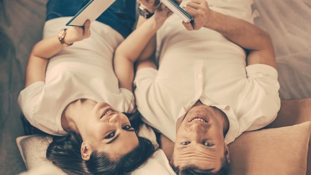 Image of a couple lying in bed, smiling and facing each other after intimacy. Soft, warm lighting creates a comforting atmosphere. This image relates to 'Debunking Myths About Penis Size: What Really Matters for Sexual Satisfaction' by emphasizing the importance of emotional closeness and connection in intimacy.
