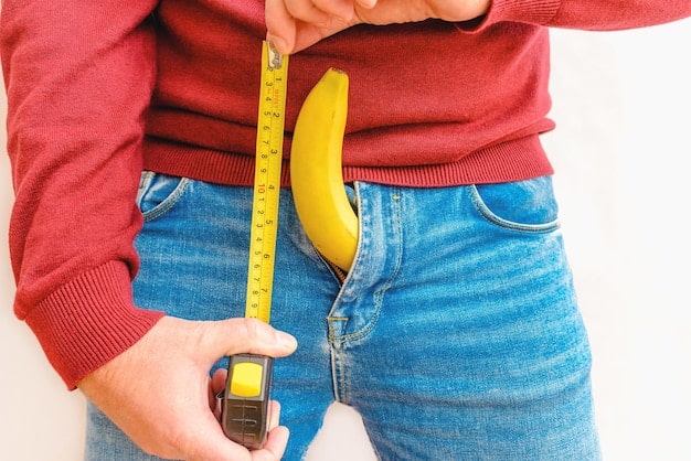 A person measuring the circumference of their penis with a flexible measuring tape. The image emphasizes the importance of accurate measurement for selecting the correct condom size.