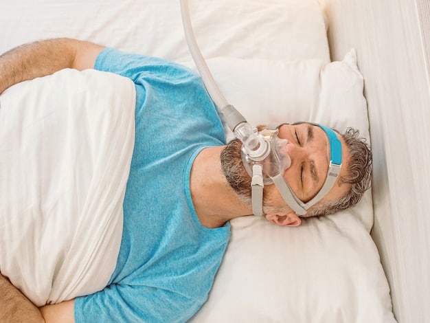 A person wearing a CPAP mask while sleeping, symbolizing the medical intervention for sleep apnea. The image should convey a sense of relief and improved health. Focus on treatments of sleep disorders and the importance of fixing the problem.