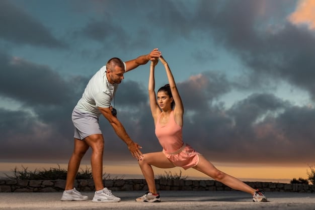 A couple stretching together, highlighting the importance of flexibility and muscle relaxation for enhanced sexual stamina and performance.